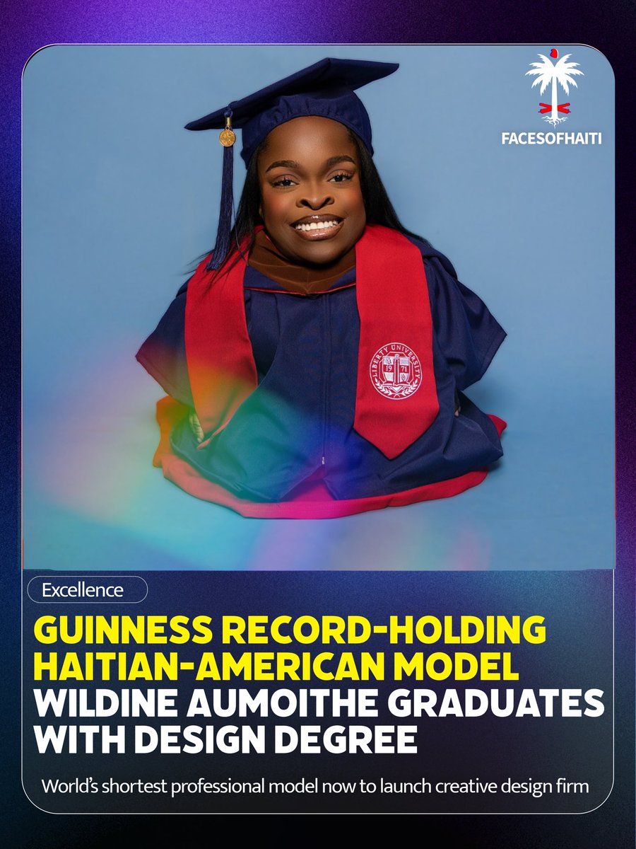 FacesOfHaiti_'s tweet photo. EXCELLENCE |  
Wildine Aumoithe, Haitian-American Guinness World Record holder and the world’s shortest professional model, just earned her BFA in Graphic Design from Liberty University. 

Her design firm is already live. 
She’s just getting started.​​​​​​​​​​
—— https://t.co/XAhT8TyUEA