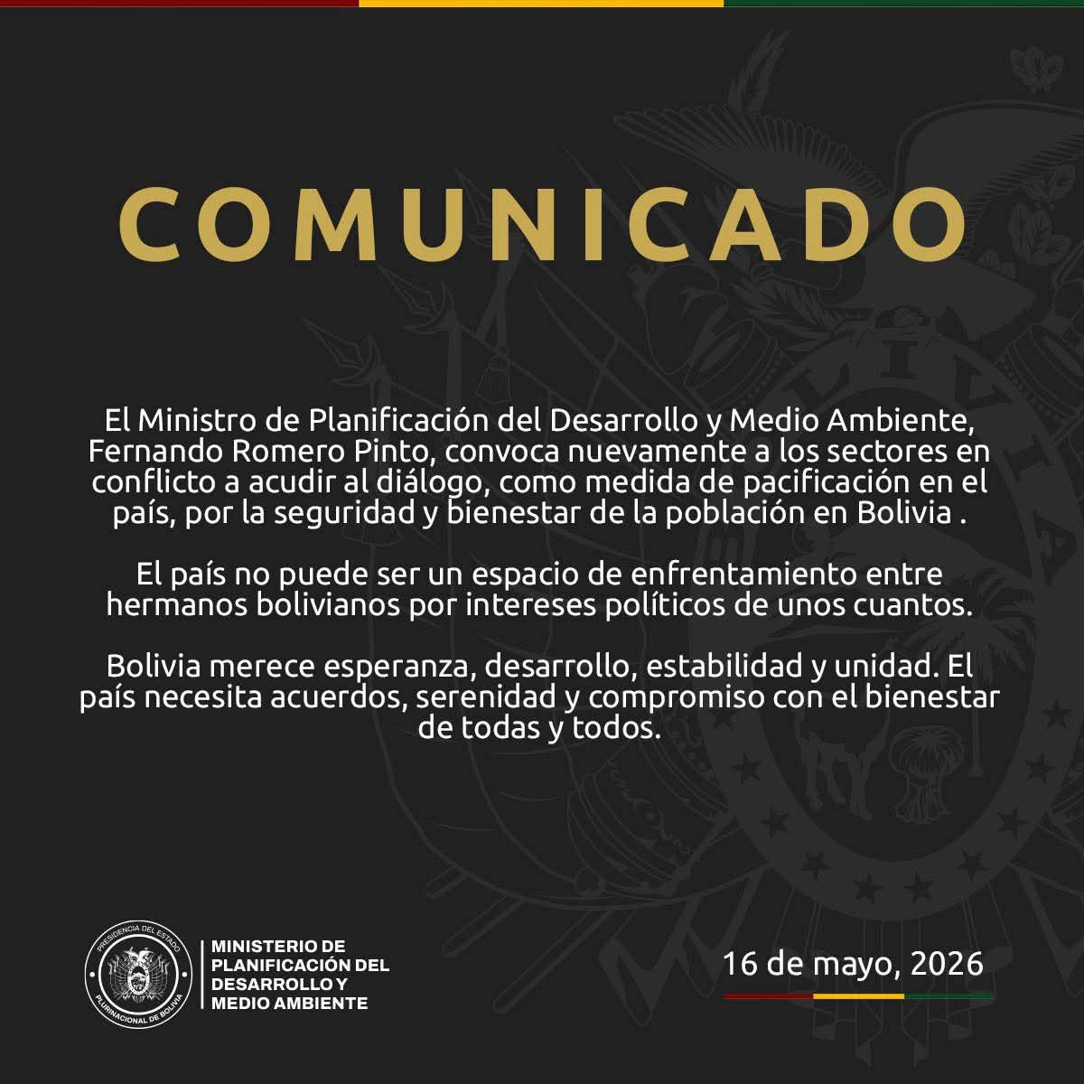 FPS_Bolivia's tweet photo. El Ministro Fernando Romero Pinto, hace un llamado al diálogo por la pacificación del país.

#Diálogo
#ConfiamosEnBolivia
#MPDyMA
#fps https://t.co/6dMAHmCUFe