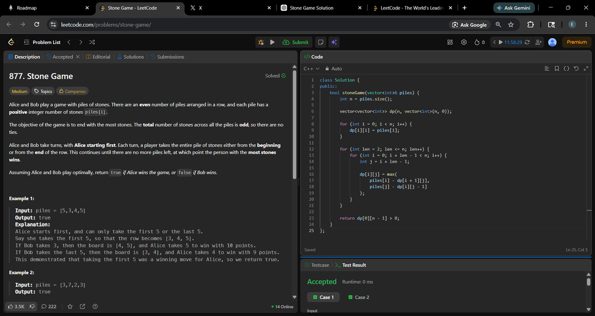_a_m_i_t_1's tweet photo. Day 685 of #700DaysOfCode
Solved the Stone Game problem using DP.
#cpp #leetcode https://t.co/NHF9Kg955l