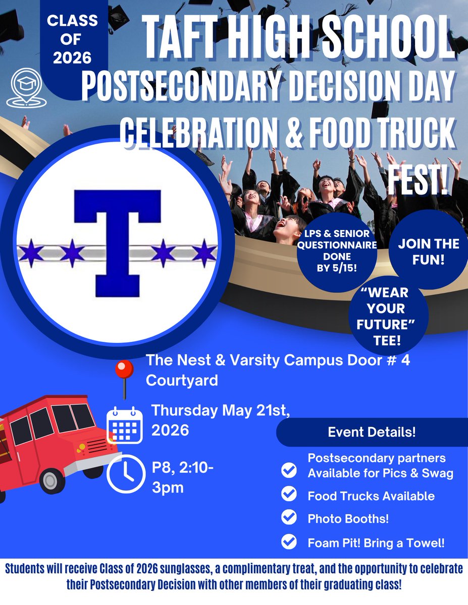 Taft_HS's tweet photo. 🎓🦅 Class of 2026 celebrate your future at Taft’s Postsecondary Decision Day &amp; Food Truck Fest on May 21 during P8! 
Wear your future tee for food trucks, photo booths, swag, treats &amp; more! Complete your senior questionnaire by 5/15! #WeAreTaft https://t.co/tx6ze5duEn