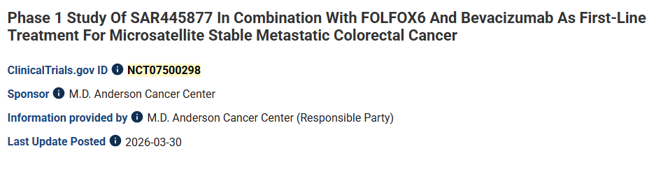 MDerbalaMD's tweet photo. Now accruing at @UTMDAnderson: Phase 1 trial of SAR445877, an immunocytokine, in combination with FOLFOX + bevacizumab for 1st line Tx of MSS mCRC. https://t.co/rW9UYzlyaS
PIs: Aung Naing @AnaingMD and Pia Morelli @PiaMorelli9
Patient/physician referrals: 713-562-1930
NCT07500298 https://t.co/Uhn0nfQAV7