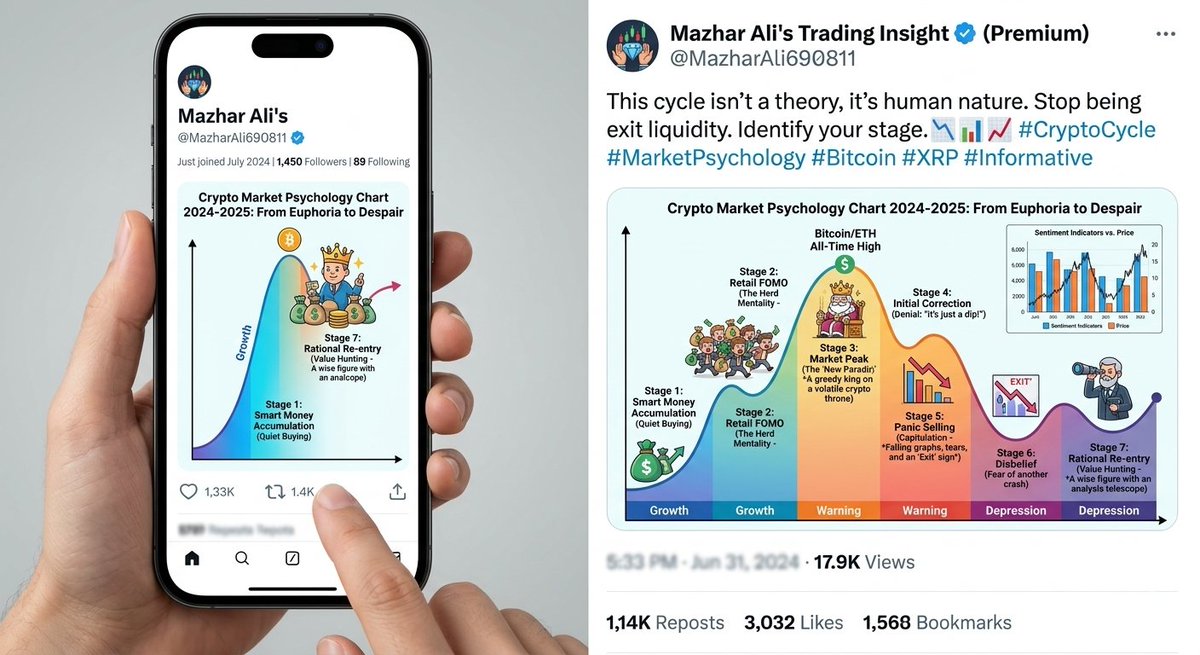 MazharAli690811's tweet photo. The crypto market cycle isn’t just about lines on a chart—it’s driven by human psychology. From Accumulation to FOMO and Panic Selling, understanding where we stand is the key.
Stop being exit liquidity. Study the phases, protect your capital! 📉🧠📊 #Crypto #BTCtools https://t.co/9NNKCNHlrD