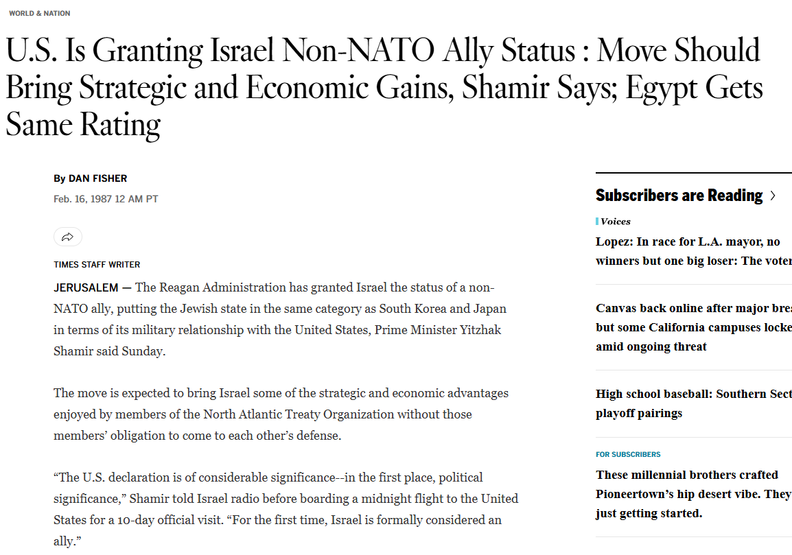 mattforney's tweet photo. @tyleraloevera Not to quibble but Israel has been designated a Major Non-NATO Ally since 1987 (same as Egypt and Kuwait)

Still, sucks this happened to you https://t.co/tqhMivELdH