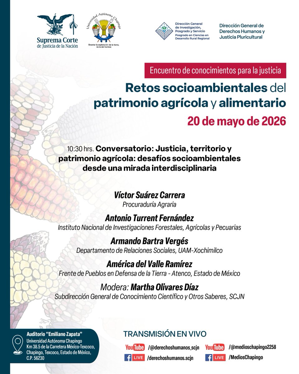 ddhh_scjn's tweet photo. Participa en el Encuentro de conocimientos para la justicia: Retos socioambientales del patrimonio agrícola y alimentario, dialogaremos sobre los desafíos que enfrenta nuestro patrimonio agrícola. Te esperamos en el Auditorio "Emiliano Zapata" de la Universidad Autónoma Chapingo. https://t.co/1PgJDENEvv