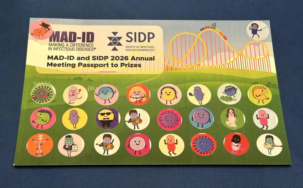 LisaIDpharmD's tweet photo. Have you visited all of the exhibitors at the #MADIDxSIDP2026 exhibit hall yet!? Hats off to the @SIDPharm Programs Committee for creating this incredible exhibitor passport! The Microbe Theme Park bug stickers are so fun, I can’t wait to hang this in my office! @MAD_ID_ASP https://t.co/B0RzDmVwUB
