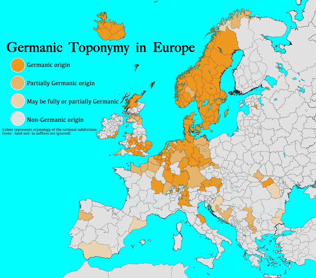 johannesmkx's tweet photo. Which European provinces, states, or regions still have a Germanic name today? This map shows the Germanic toponymy of Europe, i.e., the regions still named after Germanic words. You can see it's mostly Central Europe and Scandinavia, but there are some colonies further out. https://t.co/7UEVJvM4Xx