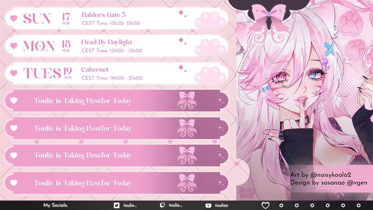 toulie_'s tweet photo. Stream schedule for this week! It starts tomorrow! I’ve got a packed week so these are the only days I can stream 💗🙂‍↕️all back to back but i should be free next week to space them out well! #vtuber #entvuber https://t.co/9unuPIek4S