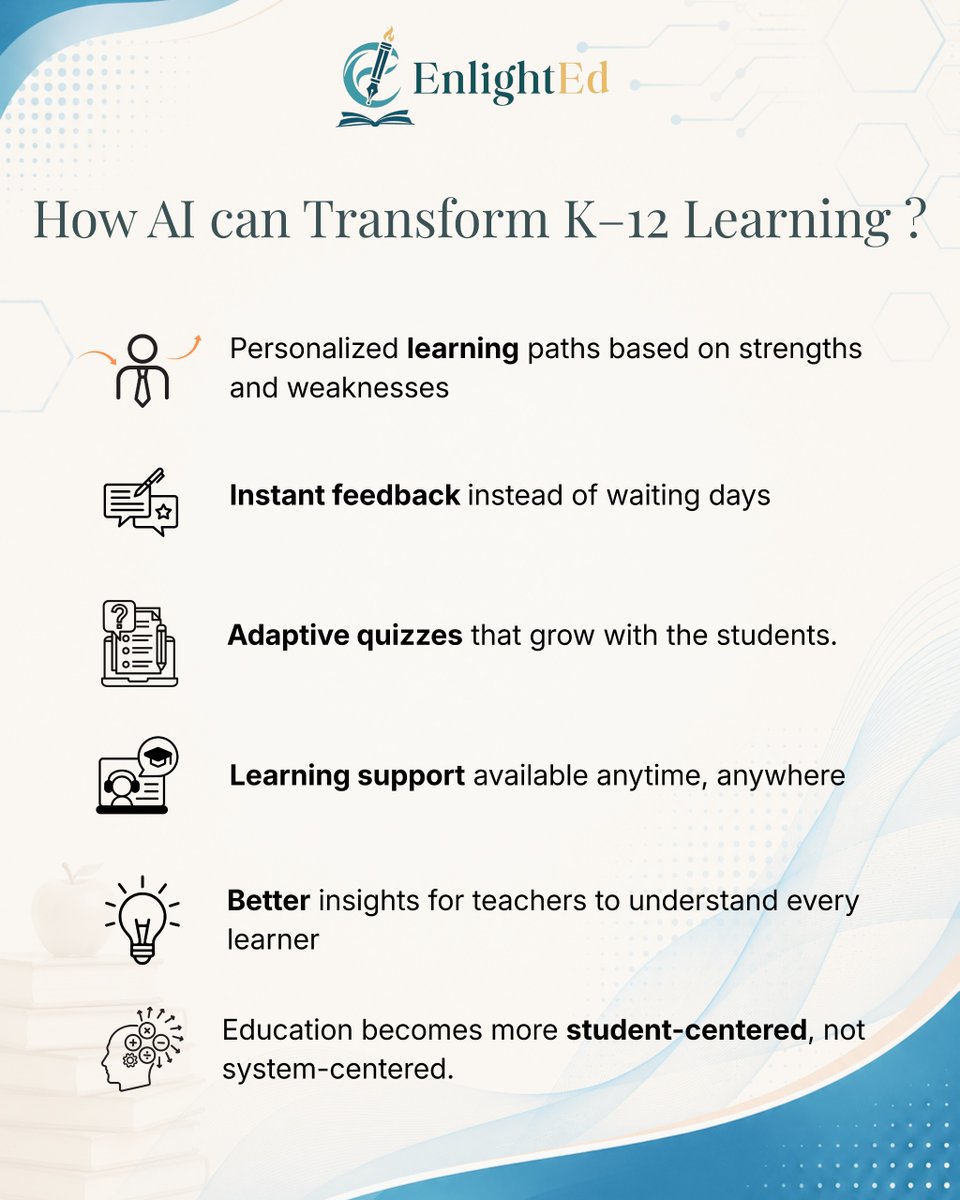 EnlightEd_edu's tweet photo. AI will never replace teachers. ❤️
It will empower them to give every student more personalized attention.
At EnlightEd, we’re building a platform where AI, teachers &amp; students grow together in one ecosystem. Future of education = Human + AI ✨
#EnlightEd #AIInEducation #EdTech https://t.co/P24COHH3kf
