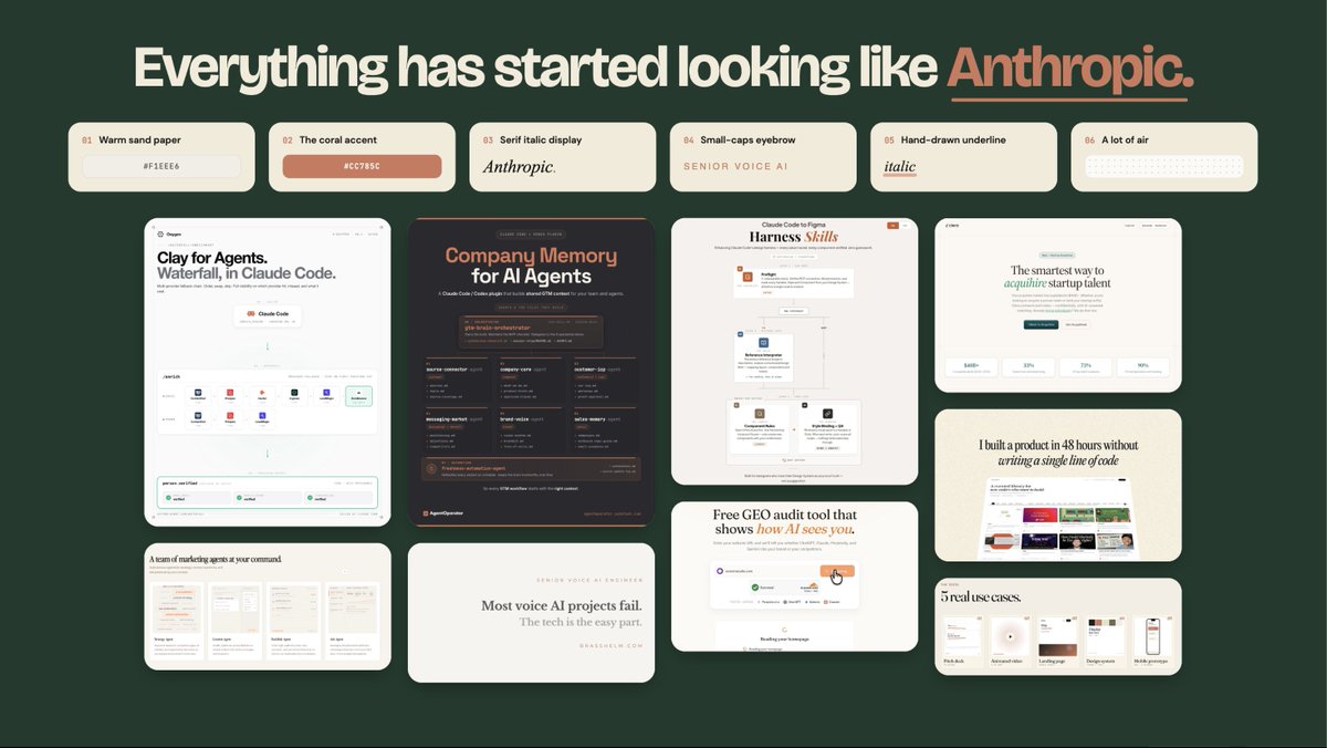 krishnagupta94's tweet photo. Have you noticed that everything has started looking like Anthropic?  

I took screenshots of posts I saw in 15 mins of browsing and it's crazy how uniform everything has become. https://t.co/irW2XUse3c