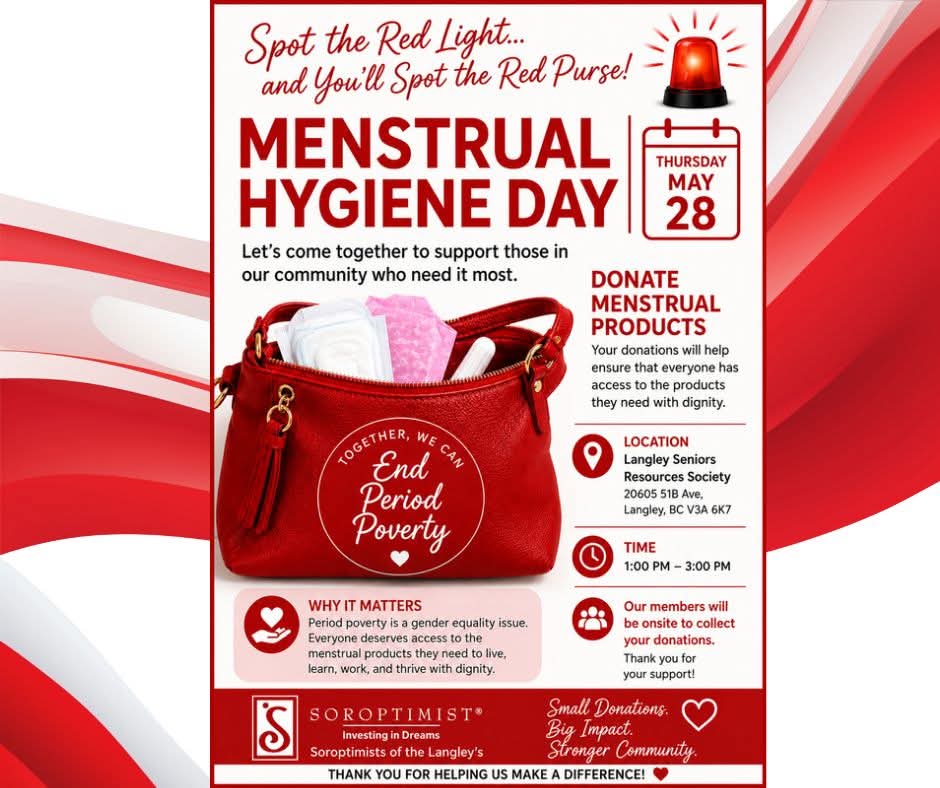 Martinyjeanette's tweet photo. Proud to support Menstrual Hygiene Day with Soroptimist of the Langleys ❤️ Join us May 28, 1–3 PM at Langley Seniors Resources Society to donate menstrual &amp; incontinence products. 🚨👜 UpliftHER Initiative: Period Poverty https://t.co/xICACWMB8n @wcsoroptimist @soroptimist https://t.co/3Ue0cLA2P6