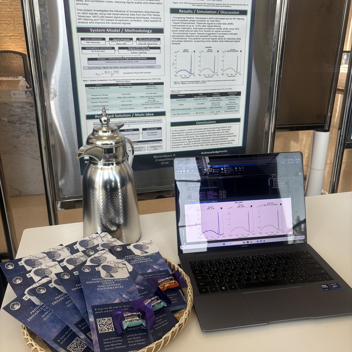 _rtxif's tweet photo. اختتمنا اليوم مشاركتنا في معرض Electrospace وعرضّنا مشروعنا :
Radio Signals Correction for PNU Telescope
والذي يهدف لمعالجة وتحسين إشارات تلسكوب الجامعة وفلترة التداخلات باستخدام MATLAB 🛰️⚡️
كل الشكر لمشرفنا القدير البروفيسور عبدالرحمن ملاوي @amalawi99 وفخورة بفريقي المبدع! https://t.co/87xGMjEqUk