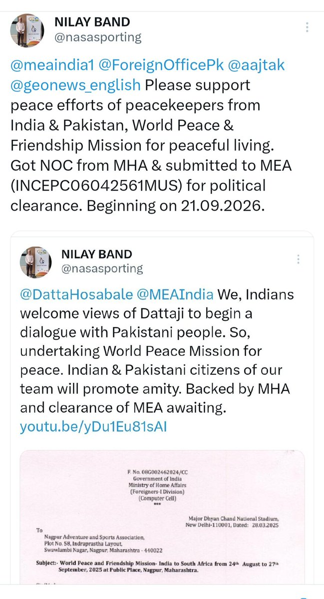 nasasporting's tweet photo. @TahirAndrabi @mosharrafzaidi @PakPMO I am pleased to update that peacekeepers from India and Pskistan along with 18 nations are undertaking World Peace Mission to confirm global peace. Project cleared by MHA and under the examination of MEA. Link &amp; lead.
https://t.co/LiY2uHvSYi https://t.co/NWIRQGWwae