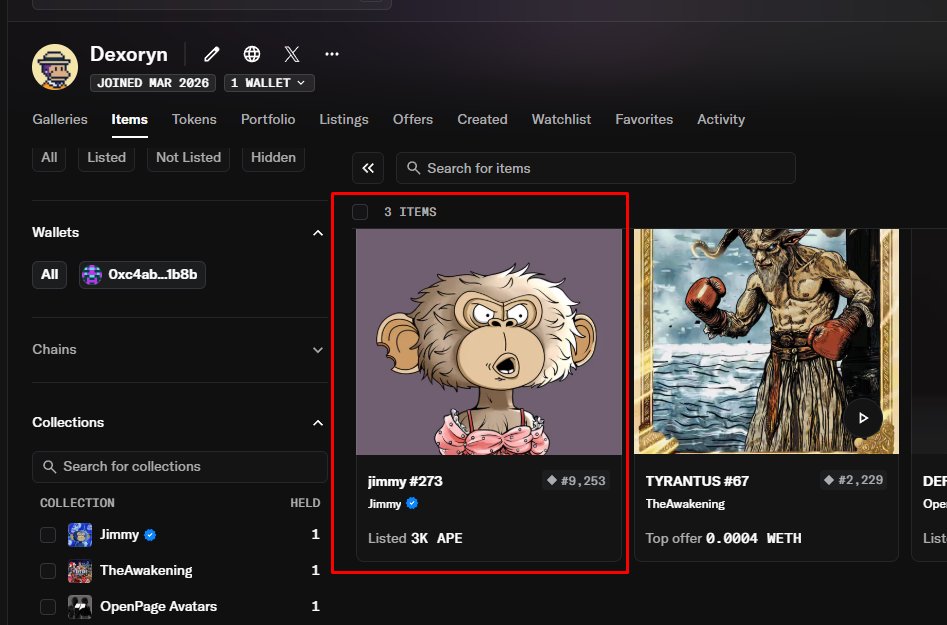 Dexoryn's tweet photo. Just got gifted this absolute gem by a legend of a friend 🫡 @t_rustdev_ .
Meet Jimmy #273 from the Jimmy collection 👀

This little chaotic monkey stole my heart instantly. Listed at 3K APE but honestly... he's not for sale right now. Feels too personal.

Shoutout to my friend for the insane donation — this is what Web3 community is all about. 

As a web3 dev I’ve seen thousands of contracts and collections, but some pieces just hit different. This one hits.

What do you think of Jimmy? 

#NFT #JimmyNFT #Web3 #ApeChain