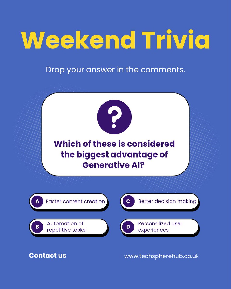 Tech_Sphere_hub's tweet photo. Weekend trivia! 
What's the biggest advantage of Gen AI and why is it considered it's biggest advantage?

#tech #techspherehub #trivia https://t.co/iTjtHBrIo6