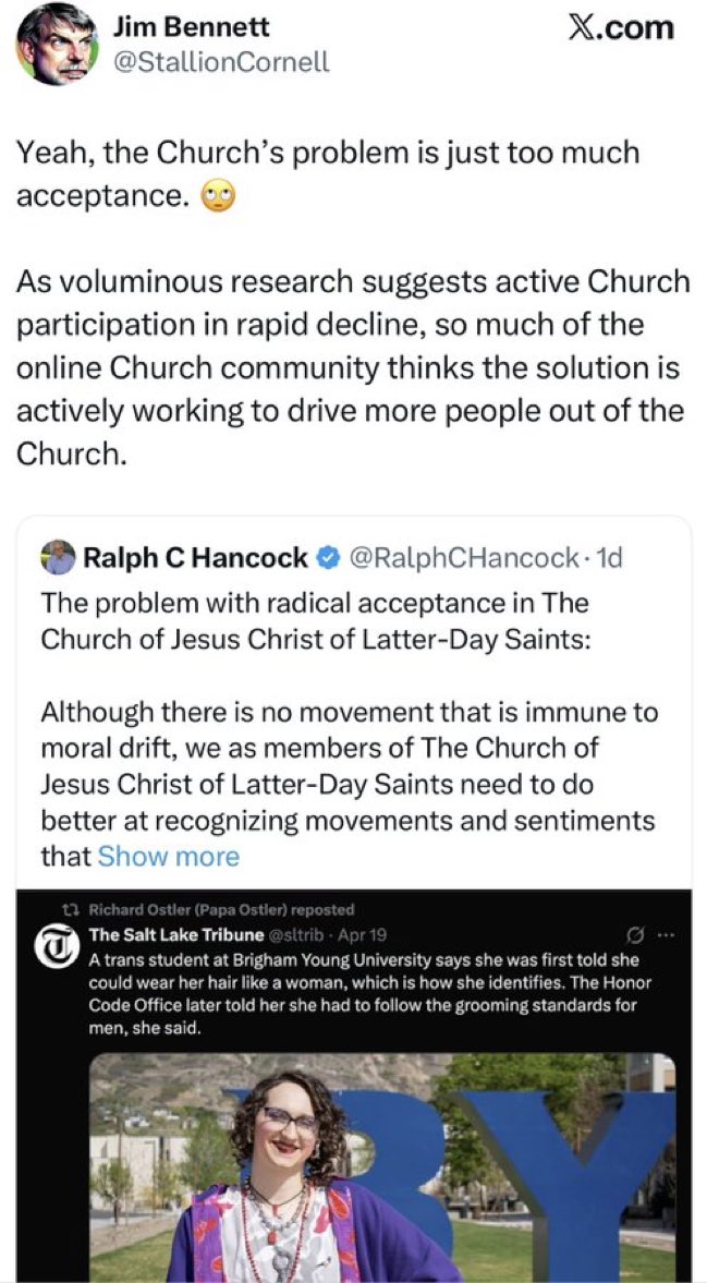 CosmoSoake81435's tweet photo. This is hypocrisy by BYU. They let AJ wear earrings but when this tranny wears earrings BYU says it’s an honor code violation. Explain to me how this makes sense.  #BYUHonorCode https://t.co/odP6HYjPHd