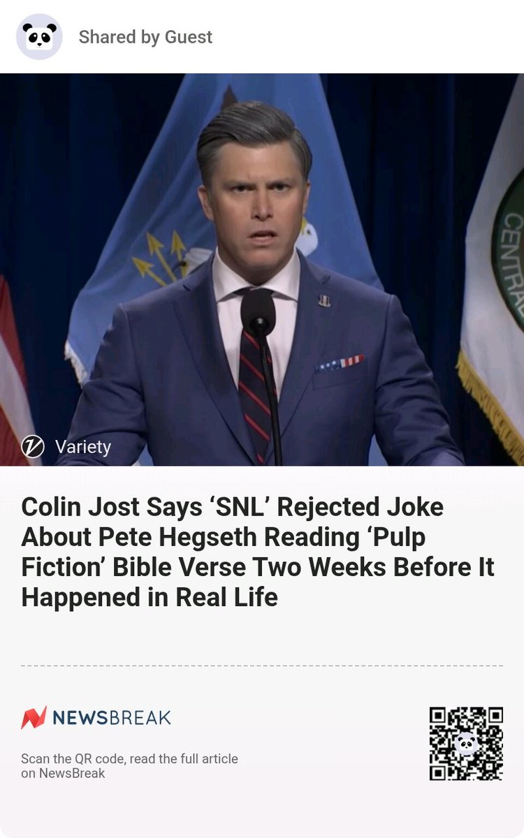 ALLREDToDoRoJo's tweet photo. Colin Jost Says ‘SNL’ Rejected Joke About Pete Hegseth Reading ‘Pulp Fiction’ Bible Verse Two Weeks Before It Happened in Real Life #SaturdayNightLive
https://t.co/N7thsxpwHr https://t.co/30kEshu2rk