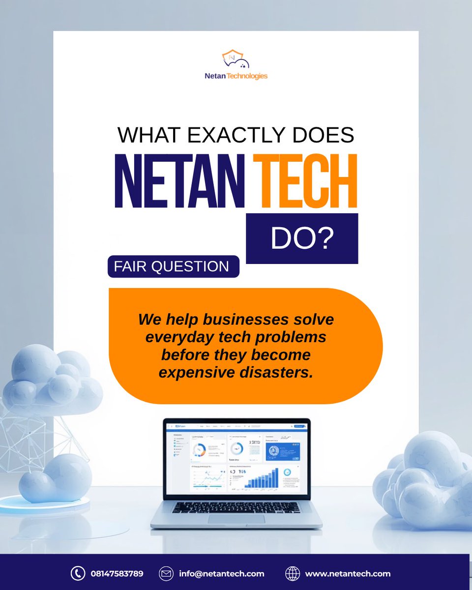 NetanTech's tweet photo. @Ericke111111 @FabrizioRomano What exactly does NetanTech do?
Fair question
We help businesses solve everyday tech problems before they become expensive disasters.
What we help with:
• Cybersecurity
• IT support
• Web management
• Business emails
• Data backup
• Staff tech support
• Business automation https://t.co/4XgucIUrpY
