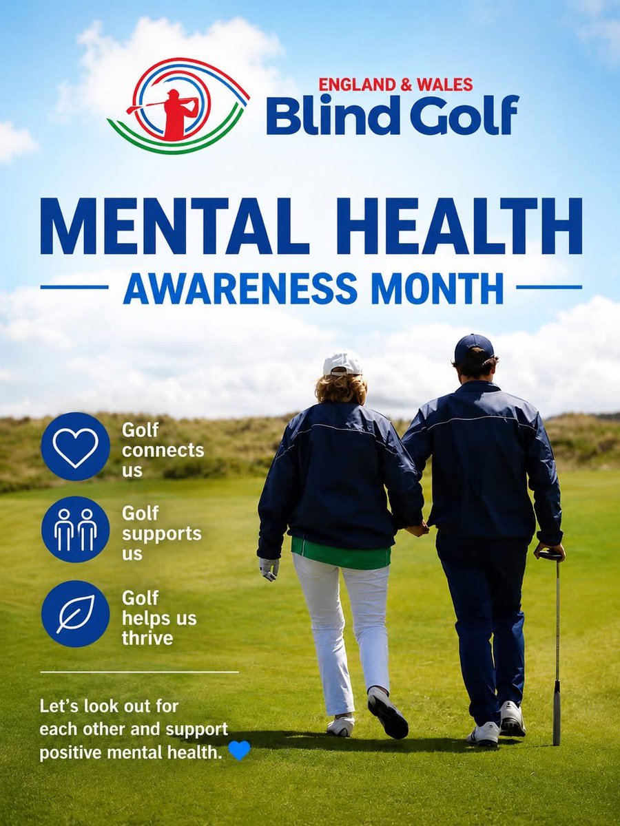 EWBlindGolf's tweet photo. 💙⛳ Mental Health Awareness Month ⛳💙

Golf is so much more than just a game.

It’s fresh air, conversation, friendship, purpose, support and time away from the pressures of everyday life. For many of our EWBG players and guides, golf provides confidence, connection and a community that truly understands and supports one another.

Mental health matters to us all, and sometimes simply getting outside, sharing a few laughs and spending time with good people can make a huge difference.

This Mental Health Awareness Month, let’s continue to look out for each other, encourage conversation and remember that nobody has to face challenges alone. 💙

#MentalHealthAwarenessMonth #EWBG #BlindGolf #GolfForWellbeing #InclusiveGolf #MentalHealthMatters