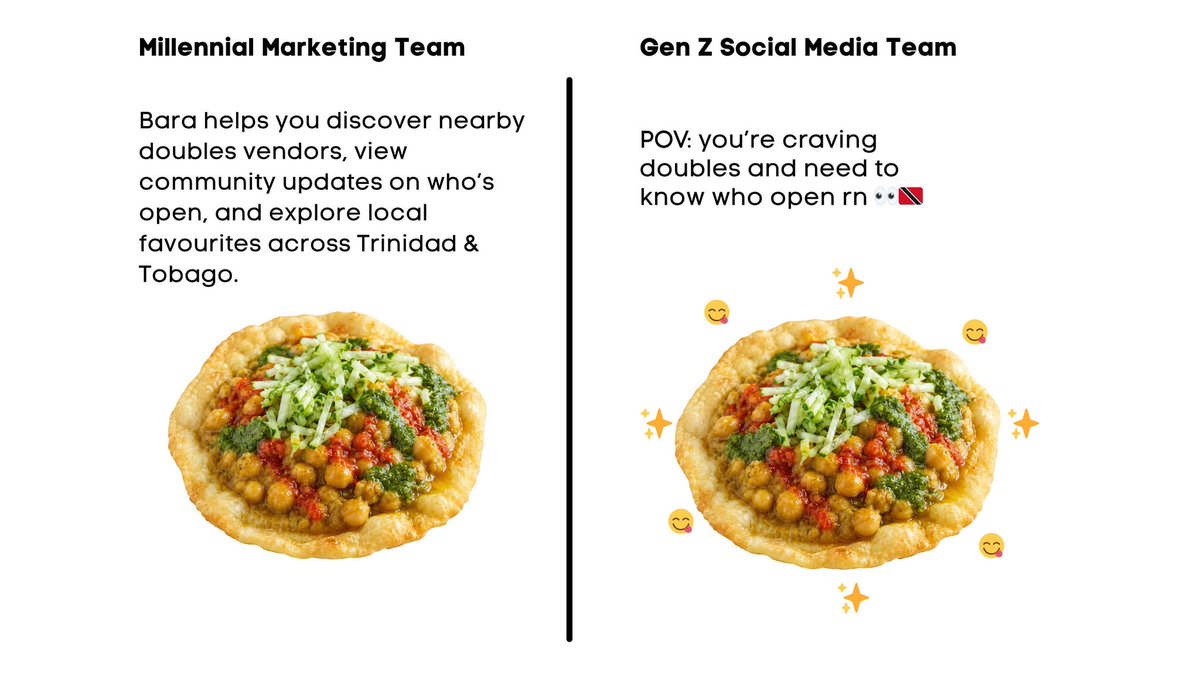 barastreetapp's tweet photo. How brands explain their app vs how people actually talk online 😆

Either way… if you looking for doubles, Bara got you.

Download Bara before the cravings reach dangerous levels 🤤 https://t.co/vbpfgRKchT