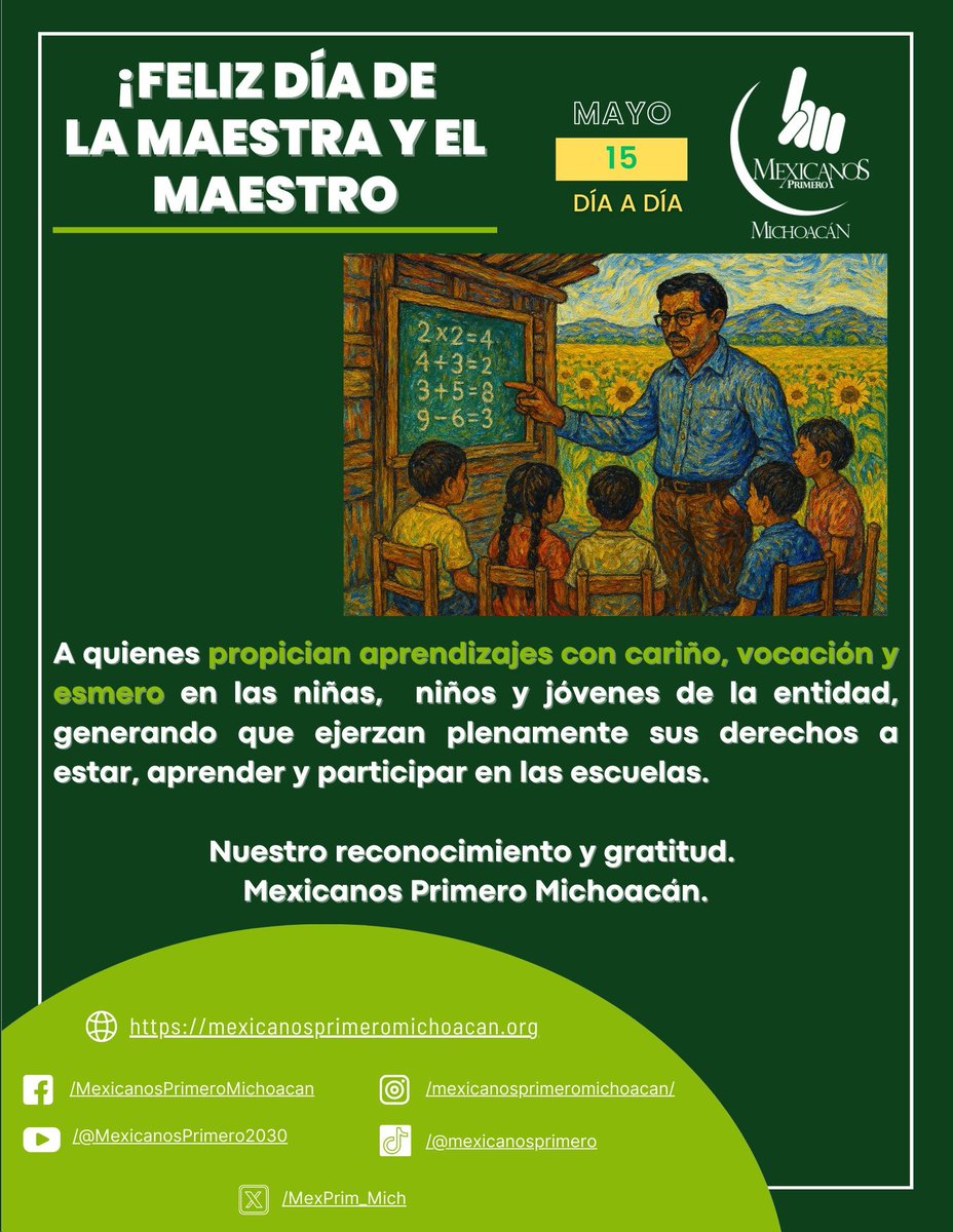 MexPrim_Mich's tweet photo. Felicidades, Maestras y Maestros: nuestro reconocimiento, gratitud y solidaridad, ayer, hoy y siempre. https://t.co/m3rYqffkID