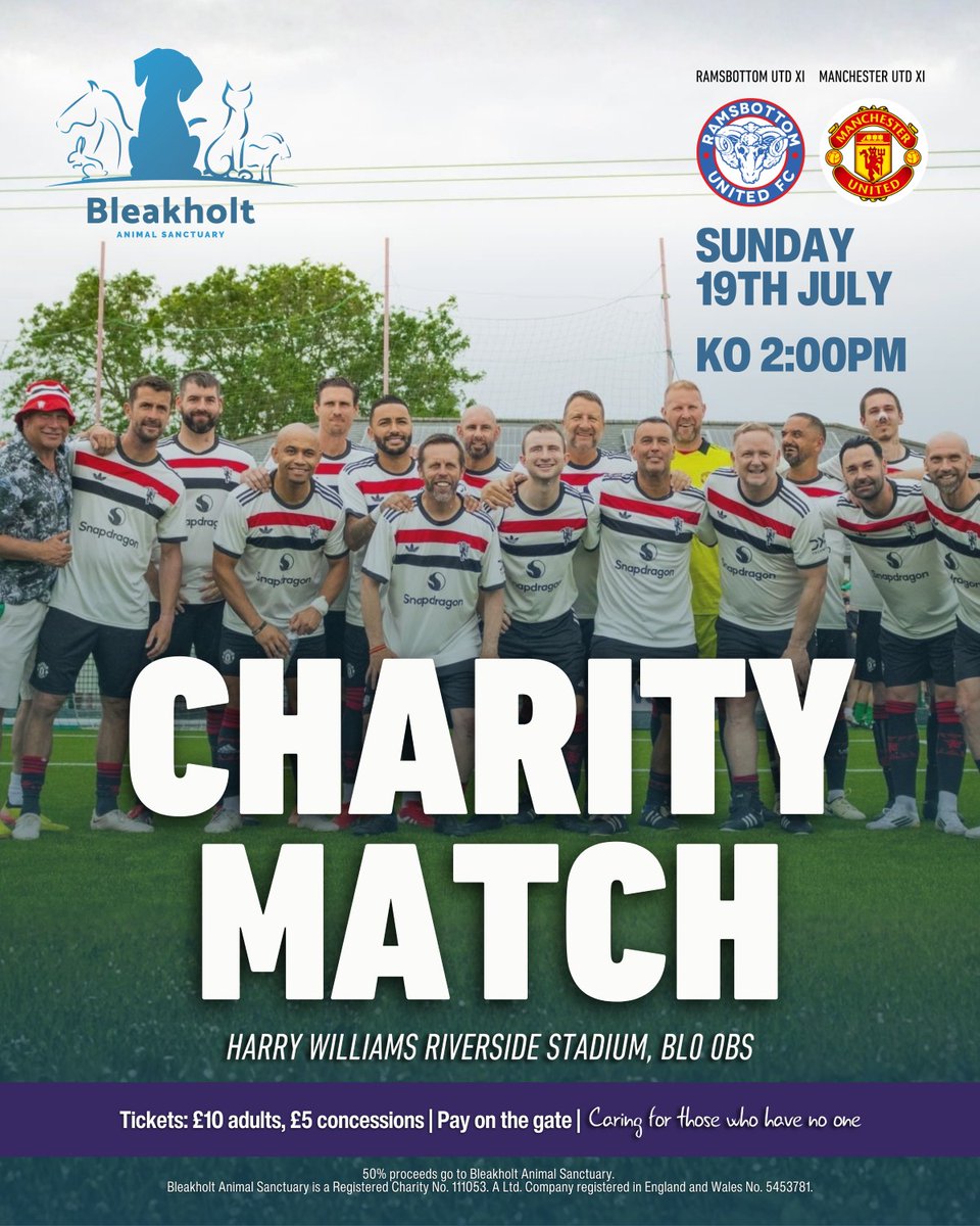 RamsbottomUtd's tweet photo. 𝗥𝗔𝗠𝗦𝗕𝗢𝗧𝗧𝗢𝗠 𝗨𝗧𝗗 𝗫𝗜 𝘃 𝗠𝗔𝗡𝗖𝗛𝗘𝗦𝗧𝗘𝗥 𝗨𝗧𝗗 𝗫𝗜

Date for your diary - Sunday 19th July when a Ramsbottom United XI will play host to a Manchester United Old Boys XI at the Harry Williams Riverside Stadium, 2pm kick off.

It's pay on the gate, £10 adults and £5 concessions with 50% of proceeds going to @BleakholtUK. It promises to be a great afternoon's entertainment all in aid of a fantastic local cause.

We hope to see you there!