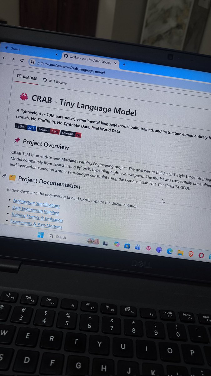 arshvir3972's tweet photo. Hi everyone! I'm excited to share that I've developed my own Tiny Language Model (TLM) CRAB completely from scratch. No fine-tuning, no API wrappers, and no synthetic data-just pure Python, PyTorch, and real-world data.
#CRAB #LLM #TinyLanguageModel #LargeLanguageModel https://t.co/QSkldYSRoa