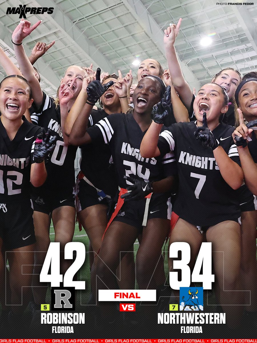 MaxPreps's tweet photo. No. 5 Robinson (FL) holds off No. 7 Miami Northwestern for its 10th straight @FHSAA girls flag football title and 11th in past 12 years! 🏈

Full Story &amp; Game Highlights ⬇️
https://t.co/vUlHUZCgci https://t.co/XmrPXe5LhX
