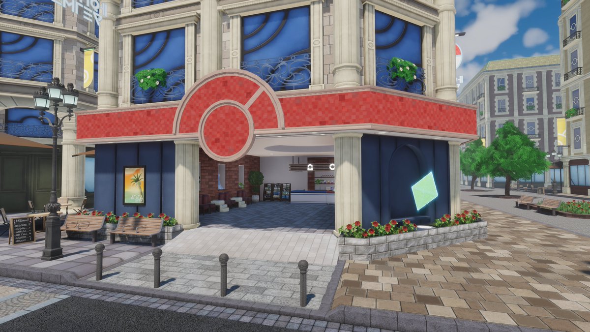 Cuate2Paez's tweet photo. A goal was to make the player differentiate each district by the environment  (previous img) Rouge, pipes and steam everywhere; Vert, plant life; Bleu, water and light rain; Magenta, shops and billboards, more modern lights; Jaune, fancy cafe and buildings. https://t.co/vl1KxDkeL8
