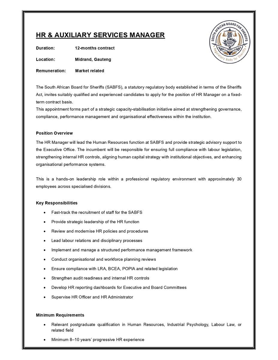 Sheriffs_SA's tweet photo. Vacancy alert: HR &amp; Auxiliary Services Manager, Midrand, Gauteng. #SABFS https://t.co/A6gPw1Xlpi