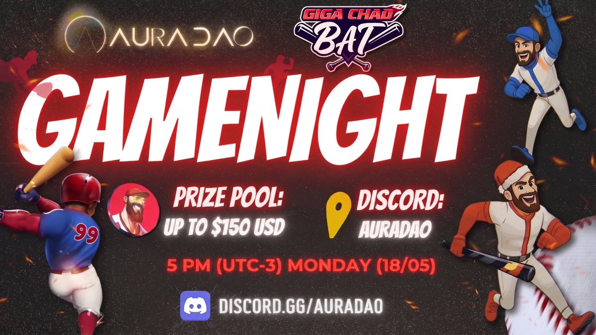 Aura_DAO's tweet photo. PURE CHAOS. REAL REWARDS. ⚾

GAMENIGHT - @GIGACHADBAT 

🗓️ Monday (18/05)
⏰ 5:00 PM (UTC-3)
💰 Prize Pool: Up to $150 USD

➤ Zero hesitation
➤ Gigachad energy only
➤ Lock in or log off

Pull up. Farm Aura. Become the GIGA CHAD.

👇
https://t.co/OcTxyn7xus https://t.co/GLg89ZY2Al