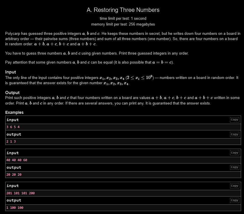Siddhesh_2110's tweet photo. Day 164 🚀
✅ LC POTD
✅ GFG POTD
✅ CF 1x Problem
CF Insight (Restoring Three Numbers):
The largest number is always a + b + c.
Subtracting the other three numbers from it directly gives the original values.
#Day164 #DSA #Codeforces #LeetCode #GeeksforGeeks https://t.co/hpERTjad4x