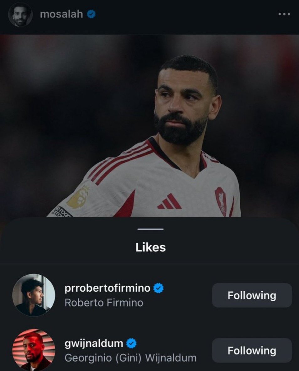 LBLFC_'s tweet photo. Seeing these two liking Salah’s tweet 🥲 We’d be absolutely fine if we had players who worked their arses off like Gini and Bobby Firmino did. https://t.co/ckpqEWtAzH