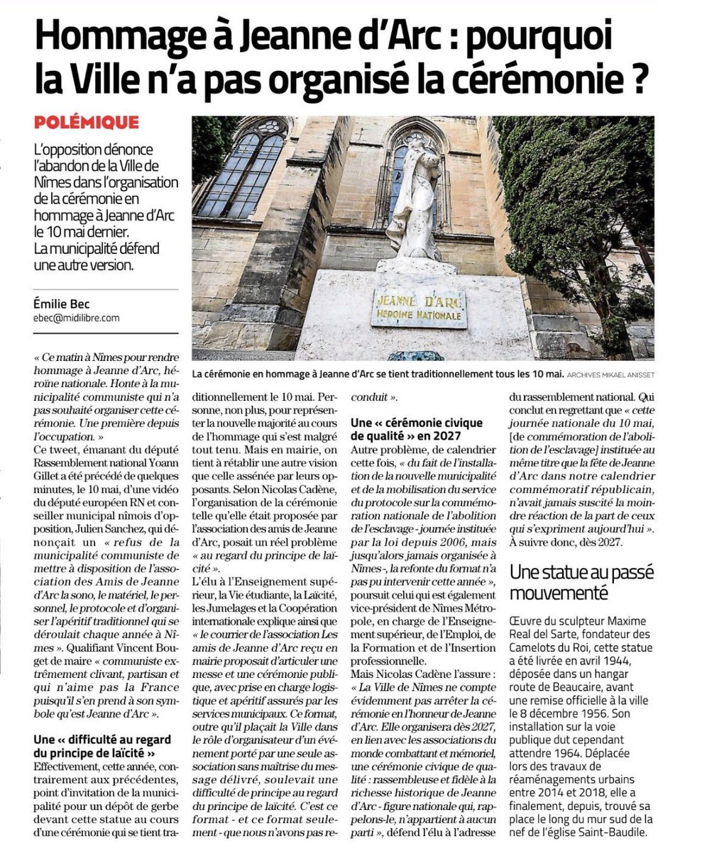 ncadene's tweet photo. Jeanne d’Arc n’appartient à aucun parti. Ma réponse, et celle de la Ville et de son maire @VBouget à la tentative de polémique du RN, sont dans l’article 👉 #Nîmes https://t.co/XBrcyZd6xL