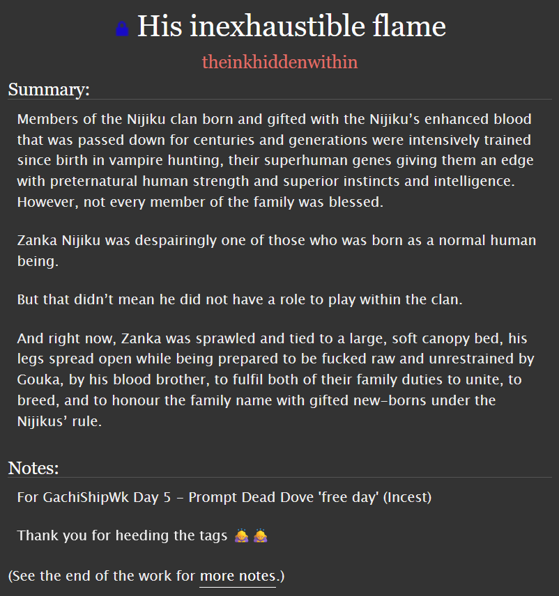 zanameisink's tweet photo. 🔞💀⚰️🕊️
DEAD DOVE WARNING
Only registered AO3 account allowed
PLEASE HEED THE TAGS. Thank you 🙇♀️
.
.
.
.
.
.
.
.
.
Late & final submission for @gktashipwk2026 #GachiShipWkDD
Day 5 - free day
Thank you GachiShipWk organisers!
#Gozan | #Gouzan | #ゴウザン
https://t.co/2VGTUYSdS0 https://t.co/rXVrATdQBs