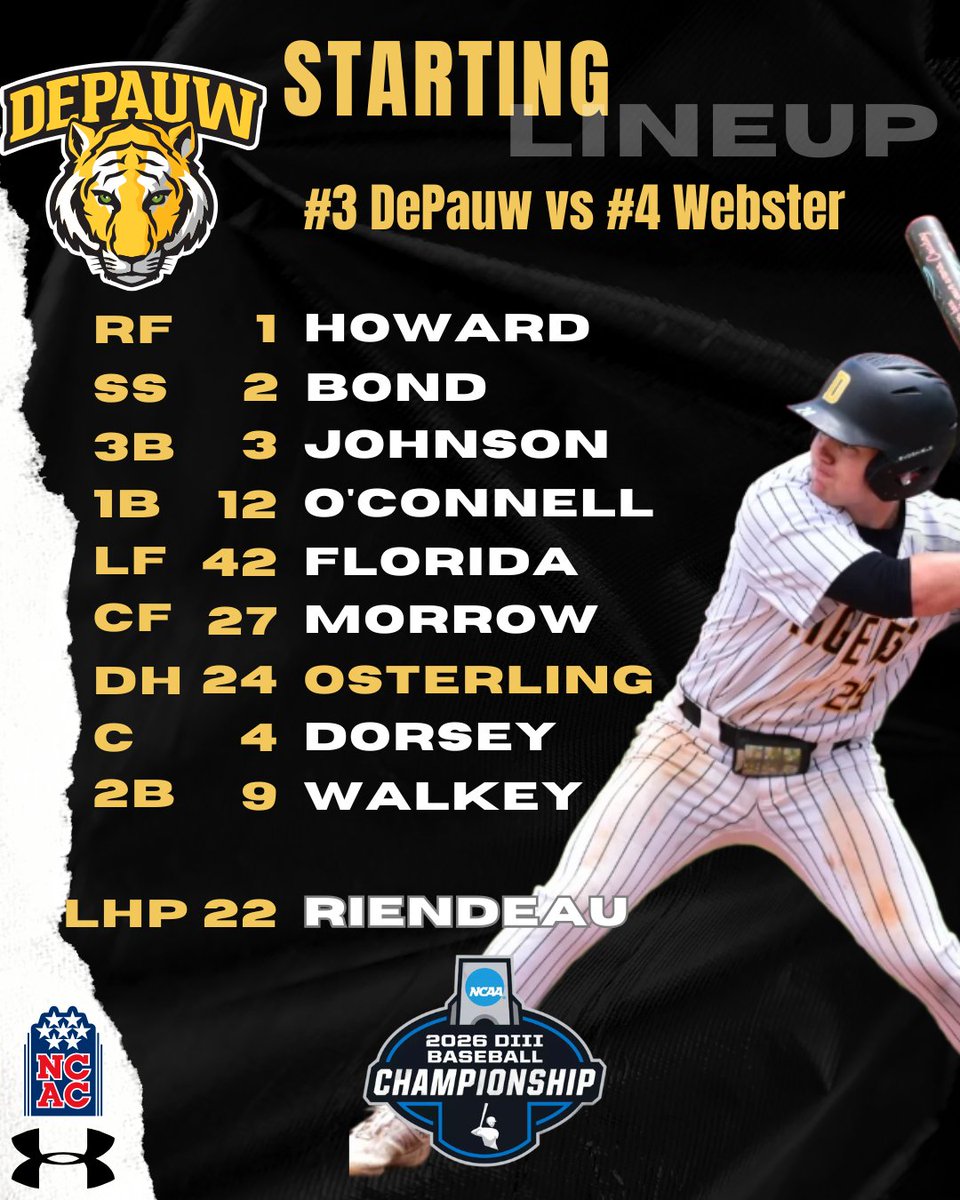 DePauwBaseball's tweet photo. Starting Line-Up 
NCAA Regional vs #4 Webster 
#TeamDePauw https://t.co/D7SxHAZ5s7