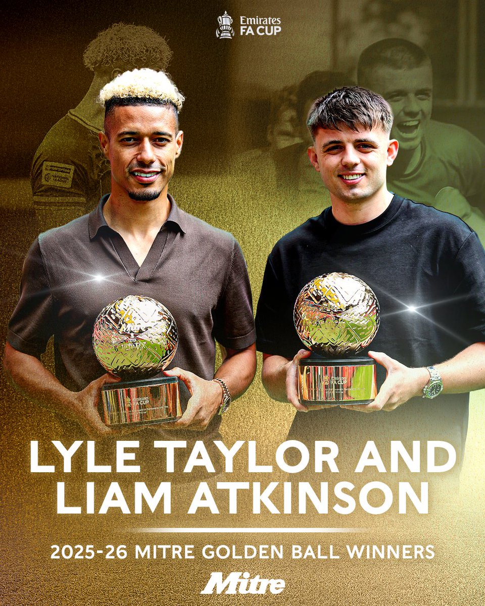 EmiratesFACup's tweet photo. After both finishing the campaign on eight goals, Lyle Taylor and Liam Atkinson of @OfficialClarets and @LongridgeTownFC share the 2025-26 @MitreSports Golden Ball 🏆 https://t.co/lIXBAgaH7y