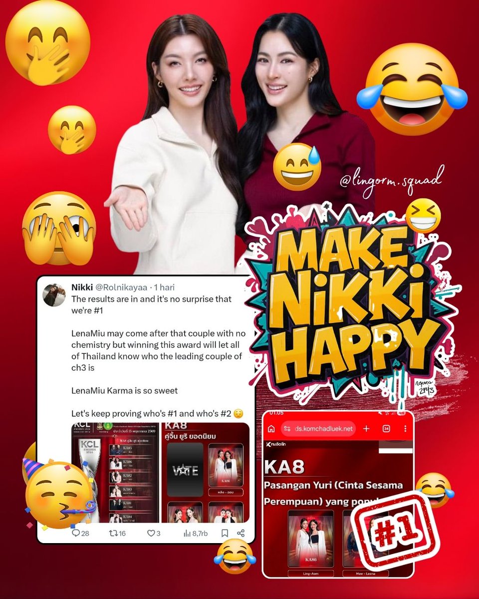lingormsquad38's tweet photo. “Make Nikki Happy” 😅😂
Let's give LingOrm more votes so Nikki can keep crying happily every year. ✊🏻🔥
🚀https://t.co/8TGGrHerHO
📲0804040410
#VoteForLingOrm #LingOrm https://t.co/EvpA37PcRD