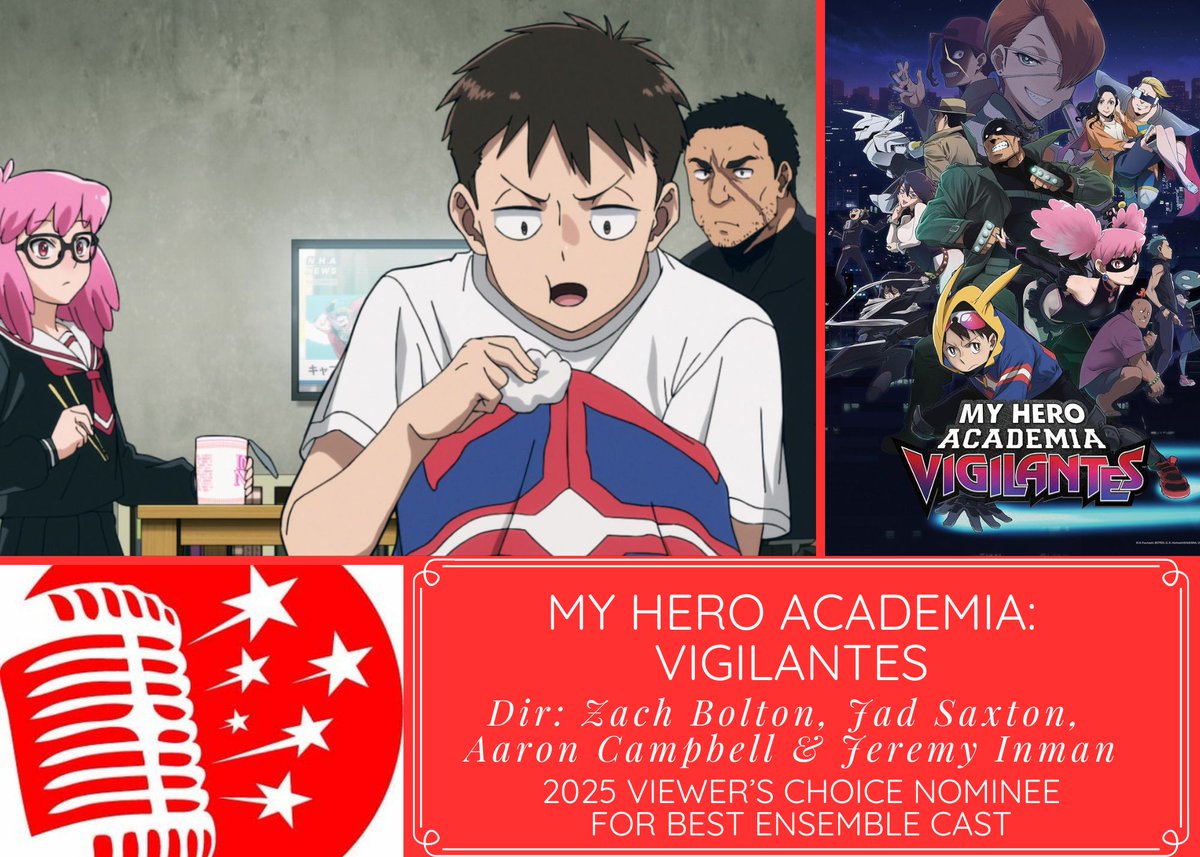 DubTalkPodcast's tweet photo. Nominated for the Viewer's Choice Dubbie Award for Best Ensemble:

My Hero Academia: Vigilantes - Under the Direction of @ZachBolton6 @jadbsaxton @AaronCampbellVO and @InmanJeremy 

Cast your vote here: https://t.co/ocOYhtnxnb https://t.co/11kJbiQJF6
