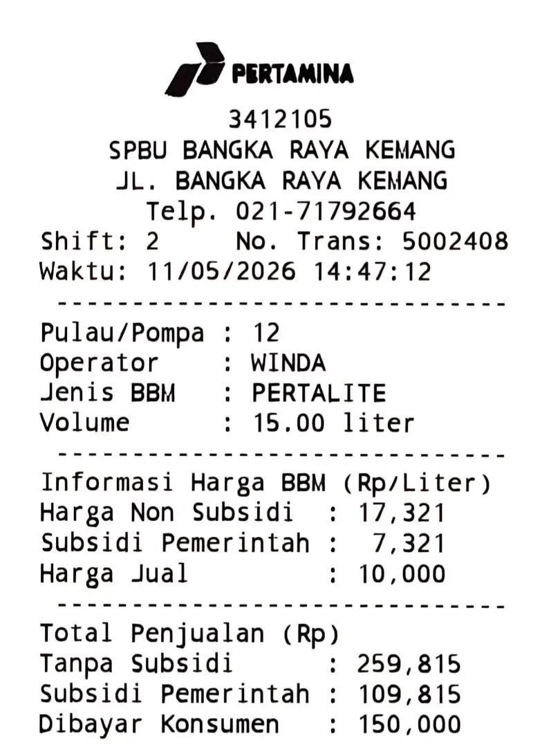 ThingThunk's tweet photo. harga bensin Pertalite Ron 90 tanpa subsidi: Rp.17,321/lt (tgl 11 Mei 2026). harga subsidi Rp.10,000/lt. harga bensin non Subsidi, Pertamax Ron 92 hanya: Rp.12.300/liter. Pertamina memperoleh subsidi dari Pertalite sebesar Rp.7,321/lt dari pemerintah? https://t.co/3rGxUCGE2Z