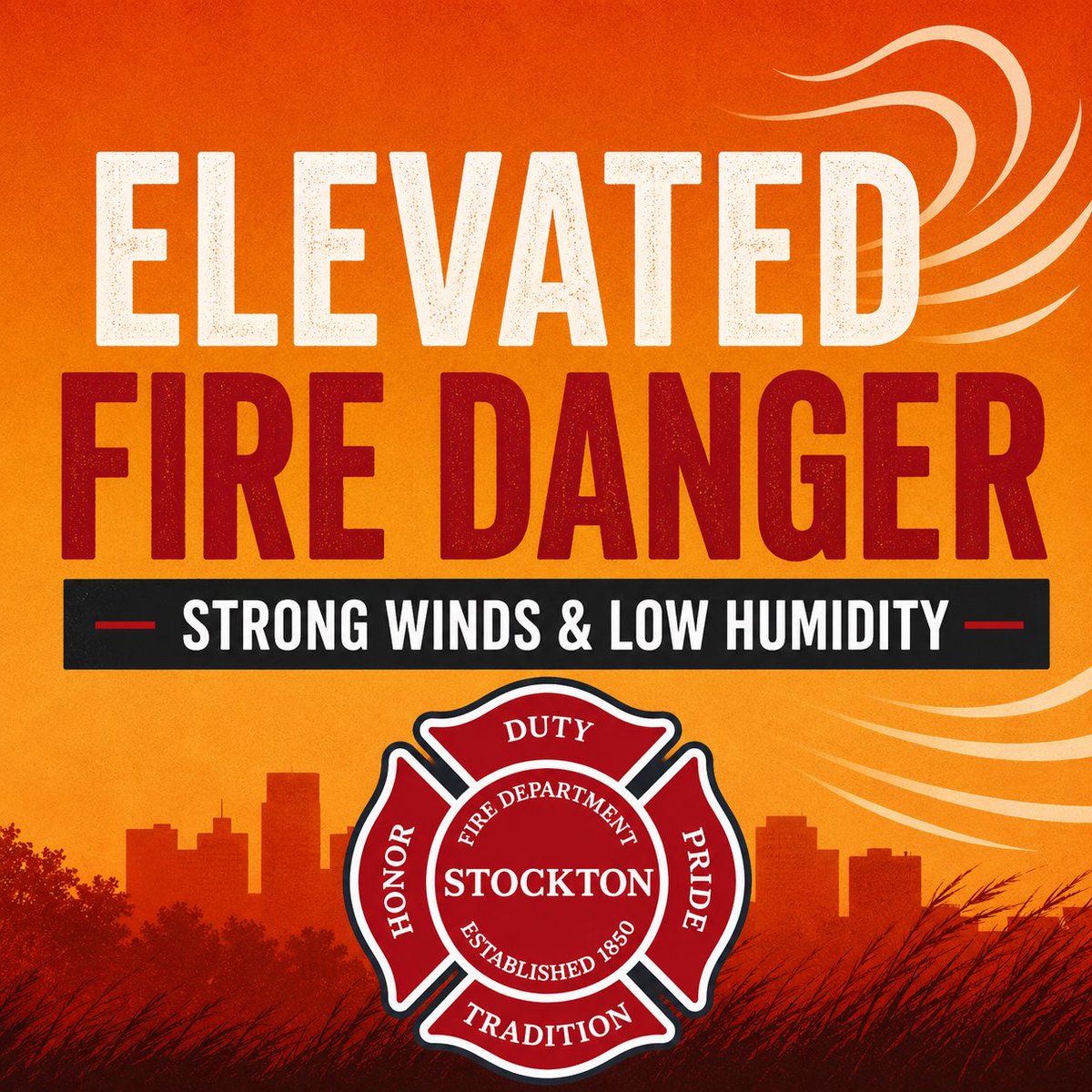 StocktonFireEMS's tweet photo. Elevated Fire Danger:

📌Avoid parking or driving in dry grass
📌 Be cautious with anything that can create sparks
📌 Never leave fires unattended
📌 Call 9-1-1 immediately if you see smoke or fire https://t.co/OJcaOjLc0u