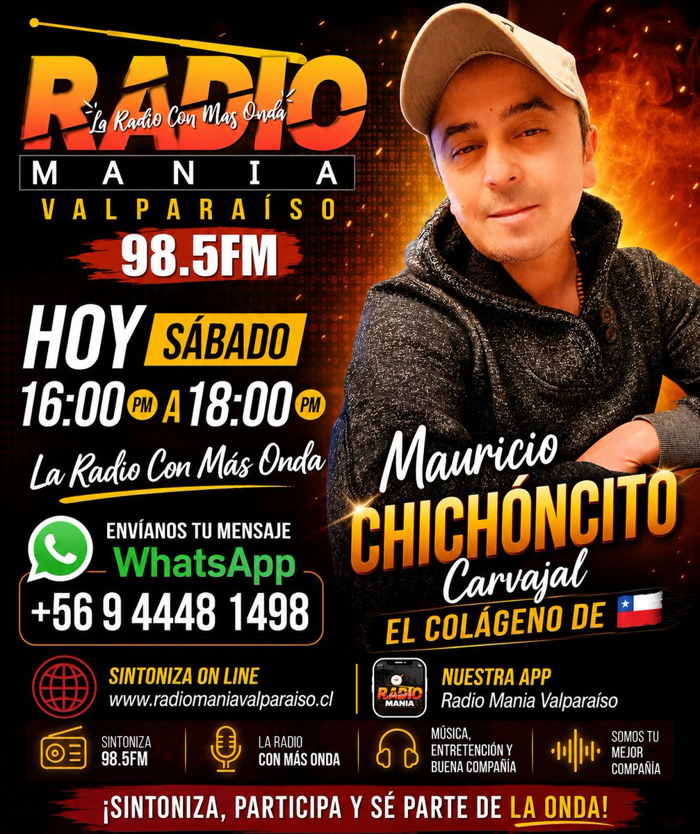 ChichonFm's tweet photo. 📌 !VAMOS EN VIVO! 📻 Por "RADIO MANIA VALPARAÍSO" 98.5FM ... 

Descarga Tú APP 📡: 

https://t.co/qRF7otaOqv

#Valparaíso
#ViñaDelMar 
#Quilpue 
#VillaAlemana 
#Chile https://t.co/f4hX49Sx8F