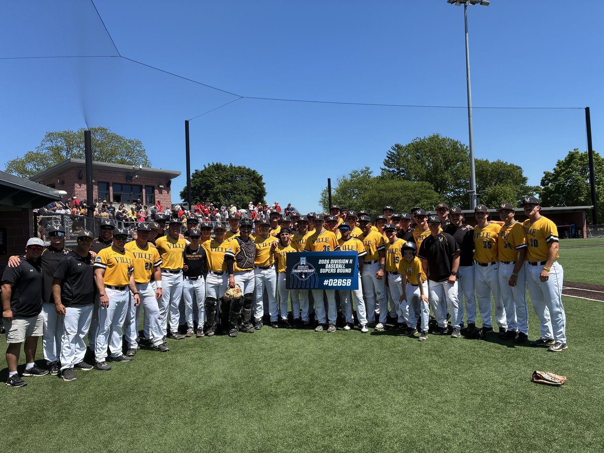 villebase's tweet photo. With the win today over Seton Hill, the 2026 Millersville Marauders punch their ticket into the Atlantic Super Regionals against West Chester! The winner of the 3 game set starting Thursday will go to Cary NC and the NCAA D2 College World Series 🏴‍☠️🖤💛⚾️. https://t.co/axnnKCv0Ry