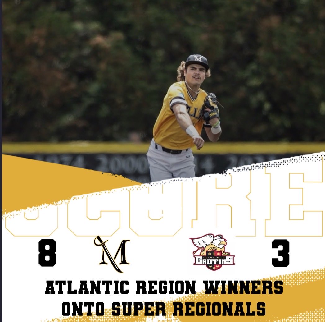 villebase's tweet photo. With the win today over Seton Hill, the 2026 Millersville Marauders punch their ticket into the Atlantic Super Regionals against West Chester! The winner of the 3 game set starting Thursday will go to Cary NC and the NCAA D2 College World Series 🏴‍☠️🖤💛⚾️. https://t.co/axnnKCv0Ry