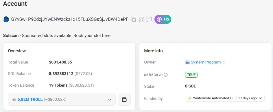 Sarge0x's tweet photo. Wintermute casually holds ~0.69% of solana:5UUH9RTDiSpq6HKS6bp4NdU9PNJpXRXuiw6ShBTBhgH2 supply as it can be see on wallet : 
GYvSw1P92dzjJYwENWzckz1x15FLuXSGsSjJvBW4DePF

It is funded by their main wallet that has around 20 million dollars worth of crypto.

The only positions in their main wallet that are worth more than their solana:5UUH9RTDiSpq6HKS6bp4NdU9PNJpXRXuiw6ShBTBhgH2 position are stablecoins, BTC and ETH.

For those that don't know, Wintermute is a market maker that accumulates coins usually before Tier 1 exchange listings to support liquidity demands.

They are not your regular shitcoin traders gambling onchain.

Do with this information what you want.