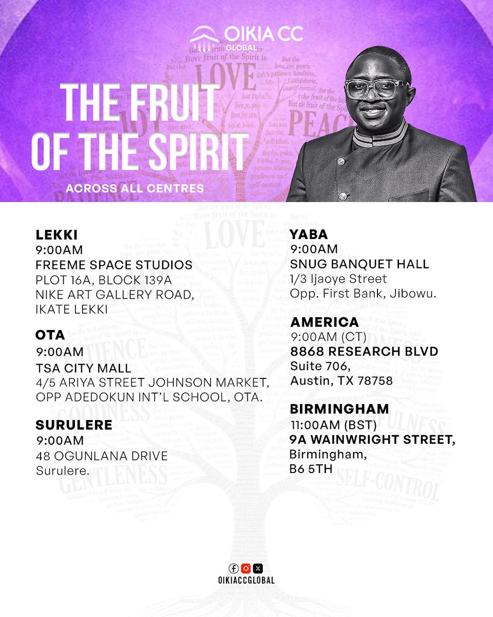 OikiaCCLekki's tweet photo. Not every growth is visible at first, but the fruit will eventually speak. 

This Sunday, we’ll be learning on The Fruits of the Spirit — the evidence of a life yielded to the Holy Ghost.

Join us for a rich time in God’s Word and fellowship. https://t.co/2CRrJNAV8h