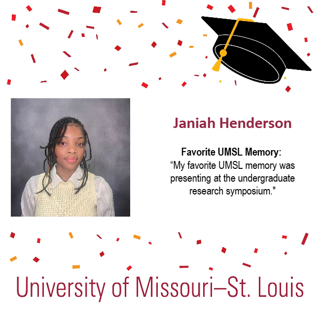 UMSLNewStudents's tweet photo. Janiah Henderson -“My favorite UMSL memory was presenting at the undergraduate research symposium."  #UMSLgrad https://t.co/6xzy8cZOjG