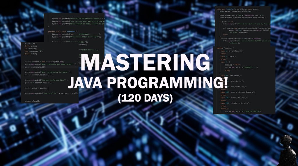 Jdee044's tweet photo. 120 Days almost up and I think I might not be able to make it 

DAY 98 of trying to master Java programming in 120 days. 

I confess, Java is hard. 
If I’m being honest I’d say I’ve only mastered the basics fully and I’m almost at intermediate level. Here’s why I say so ▼ https://t.co/nCDtzgUXlE