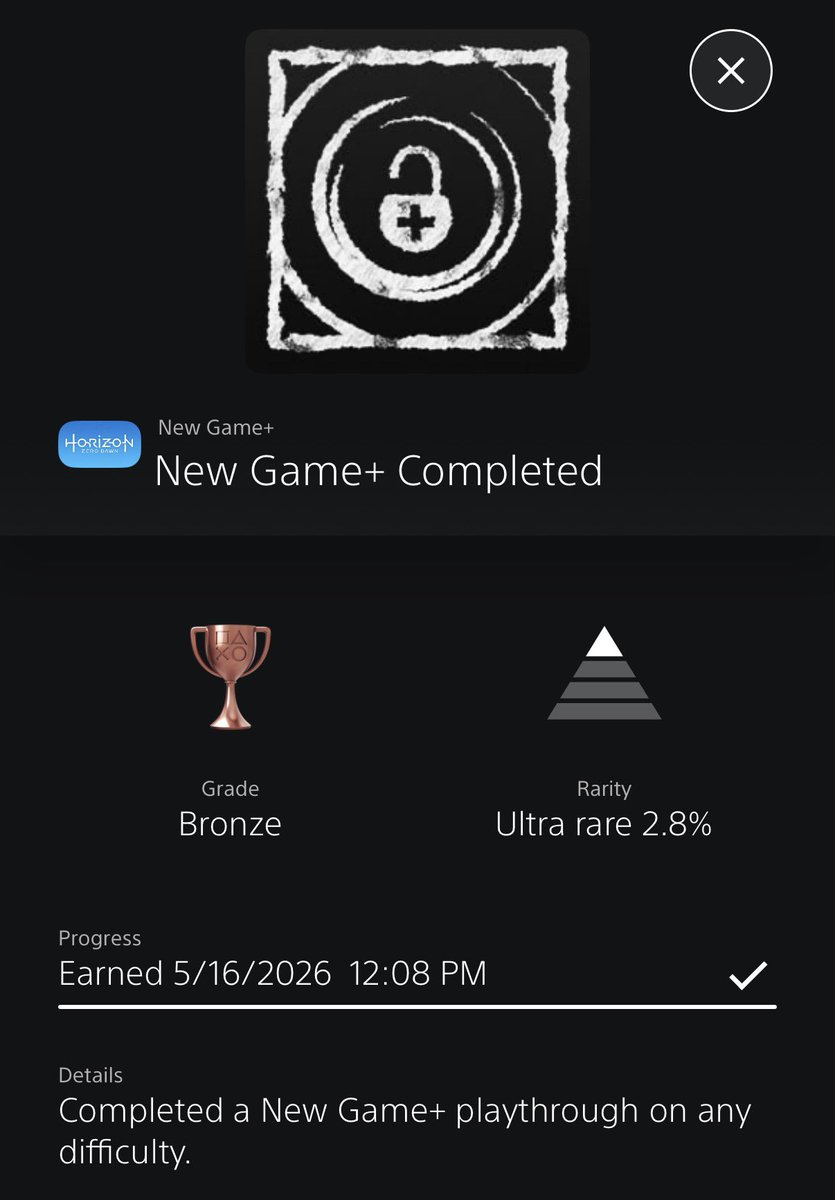 DuncanR2N's tweet photo. While this is not a #PlatinumTrophy it is nice to get this game to 100%.  I finally knocked out the NG+ and Ultra Hard trophies for #HorizonZeroDawn for the #PS4. 

I’ll be moving on to Dragon Quest I HD next https://t.co/PdZ8VeDC4e