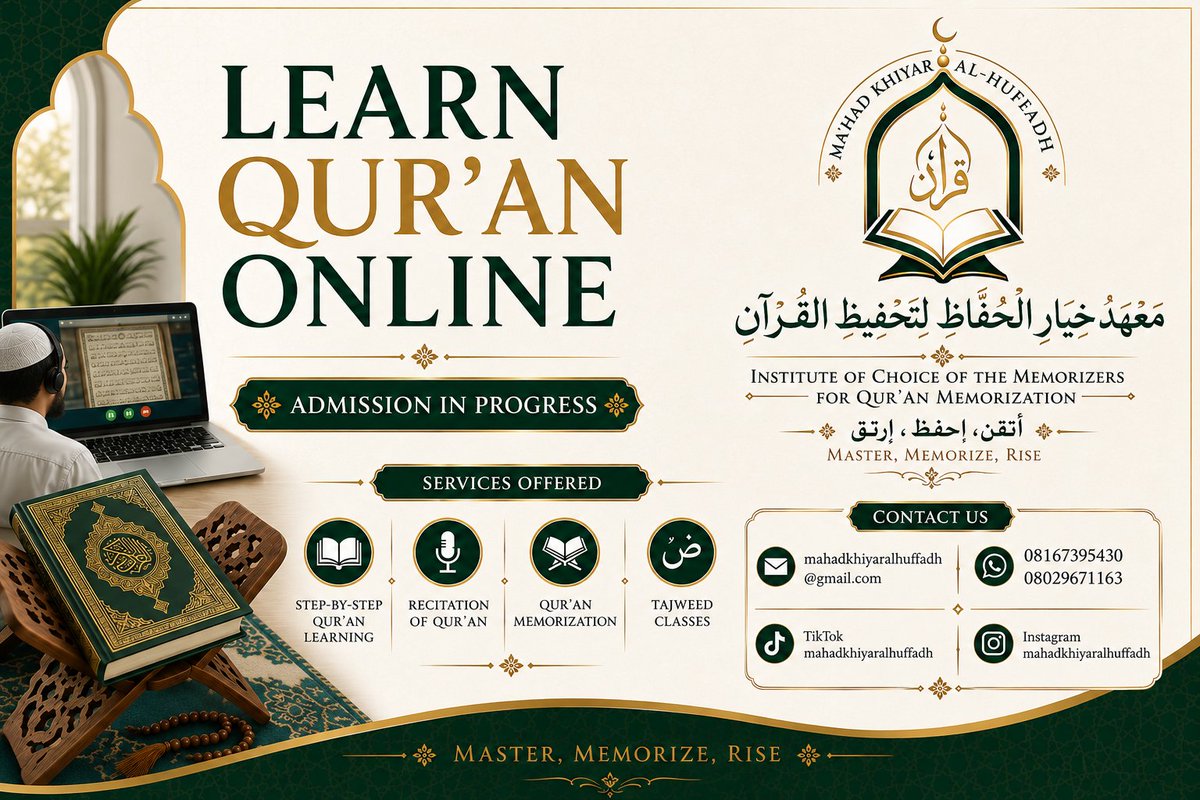 MukhtarTia's tweet photo. @Latifat_writes Masha Allah. For anyone interested in learning or memorizing the Qur’an online with proper Tajweed, Ma’had Khiyar Al-Huffadh is currently accepting students.

Flexible classes are available for children and adults. https://t.co/pyWHjfuM9m