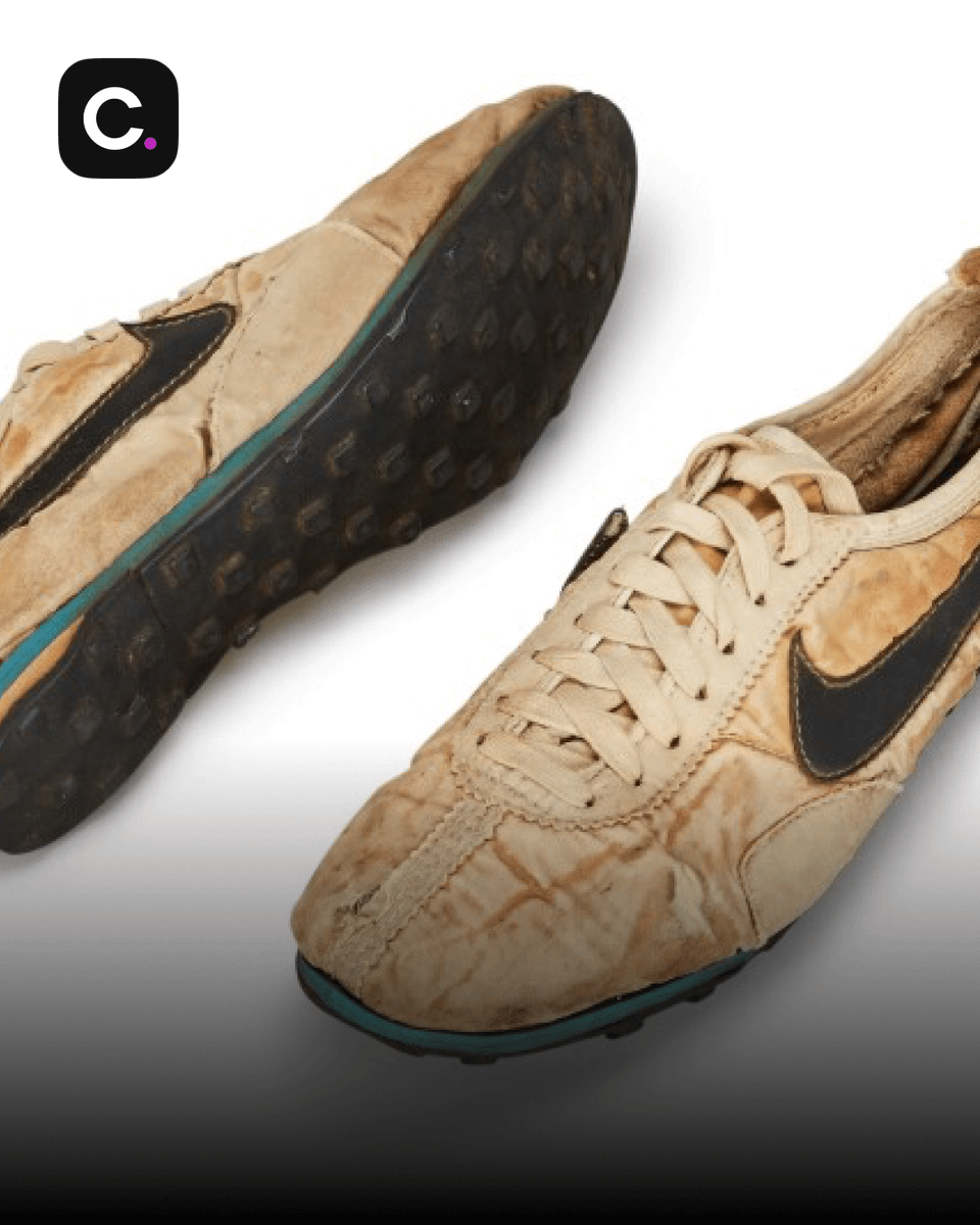 Collectibles's tweet photo. The shoe that made Nike famous wasn't the Air Jordan 1. It was the Nike Moon Shoe.

In 1972, Nike co-founder Bill Bowerman stared at his wife's waffle iron and had an idea: pour rubber into the mold. The waffle sole delivered better grip, better cushion, and weighed less than anything on the market.

This was Nike's first major innovation.

Bowerman made twelve pairs for athletes at the 1972 Olympic trials. Each was hand-cobbled with a Nike Swoosh sewn using fishing line. The name? The waffle pattern left footprints in dirt that looked like astronaut tracks from the 1969 moon landing, hence the name.

The pair that sold at Sotheby's in July 2019 for $437,500 is the only unworn example known to exist. Collector Miles Nadal bought it to display at his private museum in Toronto.

Collect sneakers? 

Showcase them on @Collectibles 🏆